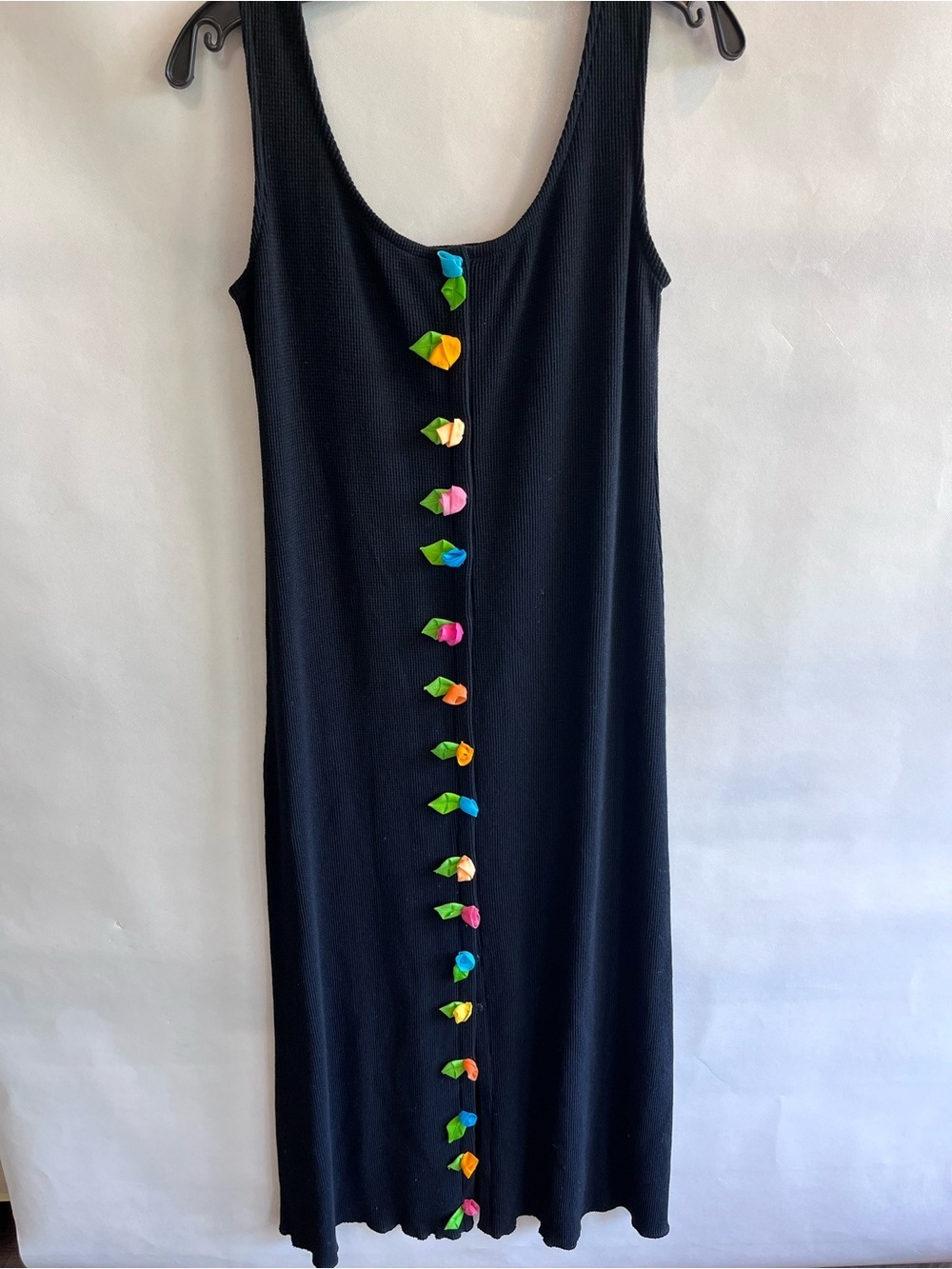 Vintage Maureene NYC Keene Y2K Long Black Sleeveless Dress Silk Flowers